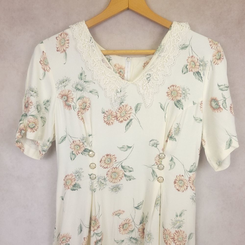 Vintage 80s Cream Floral V Neck Fitted Maxi Dress Size Med - Picture 4 of 10